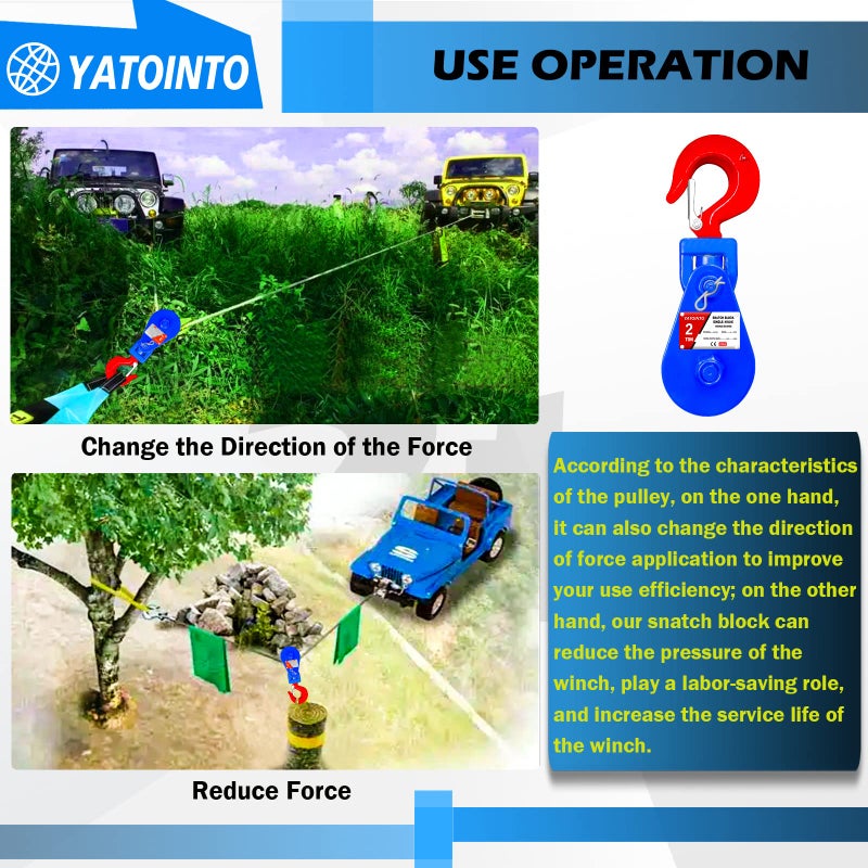 YATOINTO 2 ton Snatch Block with Hook, 3"" Sheave 3/8"" Inch Wire Rope Snatch Block, 4400lbs Snatch Pulley for Rollback Wrecker Car Hauler Winch - Image 4